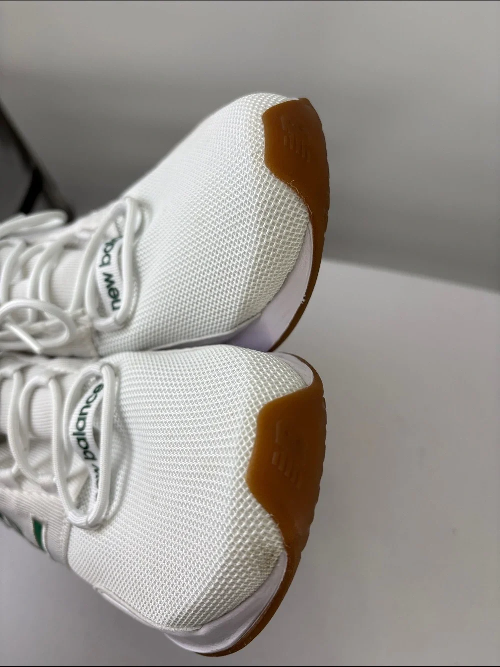 🔔 New Balance White Sneakers with Green Accents and Gum Outsole